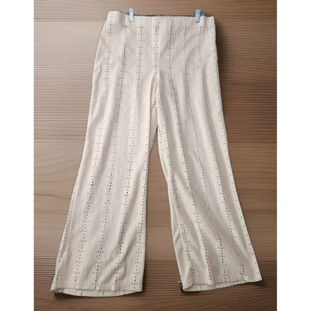 Divided Ivory Wide Leg Crinkle Gauzy Pants With Lace Eyelet Sz XL Coastal Beachy